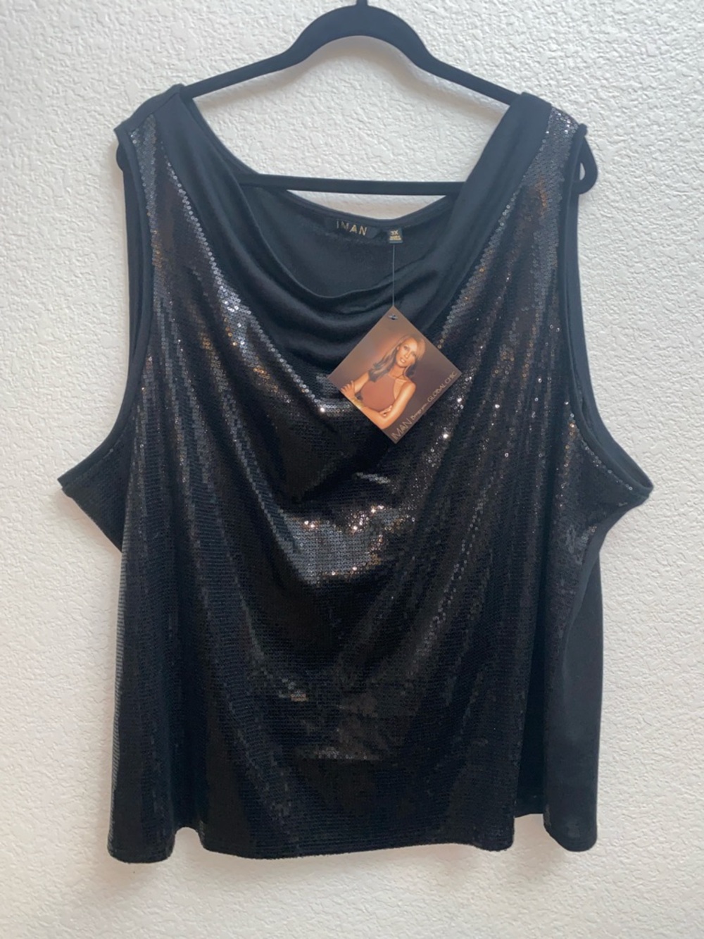 IMAN Global Chic Black Sequin Draped Top 3X NWT Glam Party Blouse
